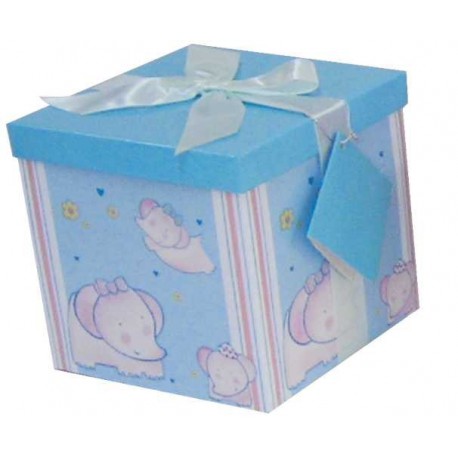 Caja de regalo grande (17,5 x 17,5 x 17) azul y elefantes